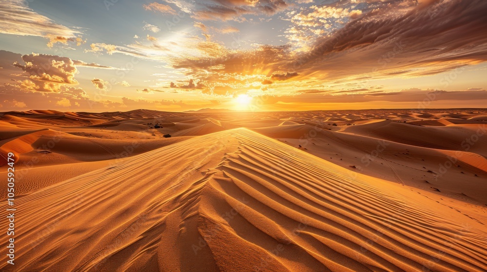 Poster a stunning view of the sahara desert with dramatic sand dunes and a setting sun casting a golden glo