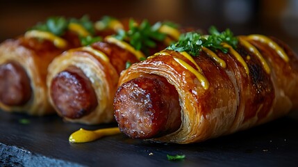 A close-up shot of pigs in a blanket, with flaky puff pastry wrapped around juicy mini sausages, arranged on a slate plate, with mustard drizzled over and a sprinkle of fresh parsley,