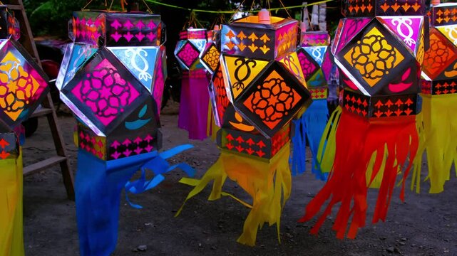 Series of colourful aakash kandil lights displayed in Pune city area, during Diwali Festival.