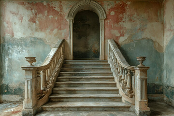 Obraz premium A weathered staircase leads to an arched doorway, surrounded by peeling paint and faded walls, evoking an atmosphere of antiquity and neglect.