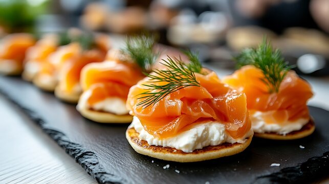 A close-up shot of smoked salmon blinis, topped with cream cheese and fresh dill, served on a black slate plate, with a blurred background of a bustling kitchen,