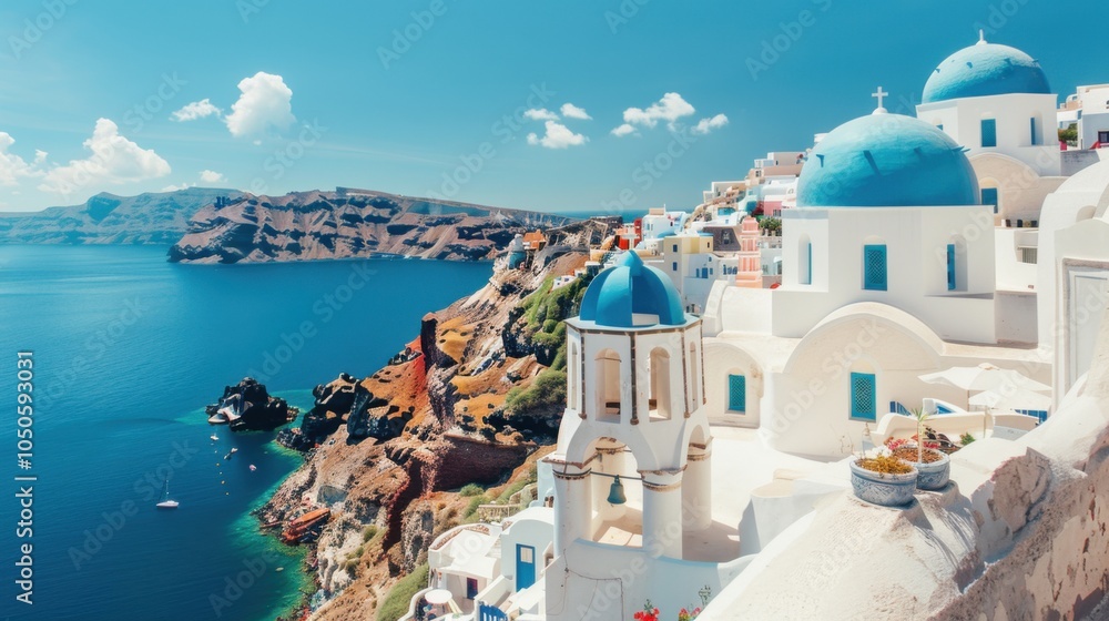 Aufkleber a stunning view of the santorini caldera with whitewashed buildings and blue domes perched on the cl
