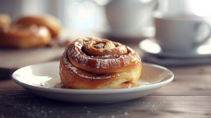 A warm cinnamon roll drizzled with icing and syrup sits on a white plate