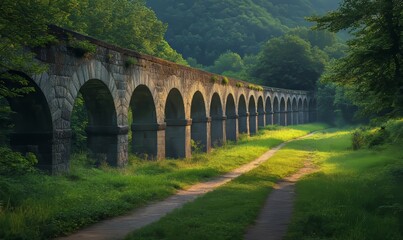 Fototapeta premium Ancient Stone Aqueduct Surrounded by Lush Greenery, Capturing Historical and Architectural Significance in serene Natural Setting, Generative AI