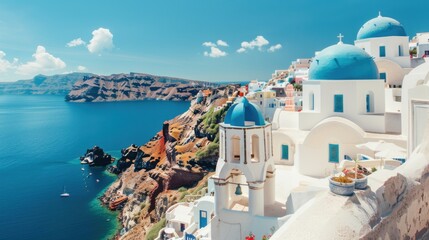 A stunning view of the Santorini caldera with whitewashed buildings and blue domes perched on the cliffside overlooking the sparkling Aegean Sea, classic setting with bright, vibrant colors