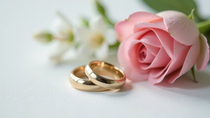 Romantic wedding theme with gold rings and soft pink rose on white background