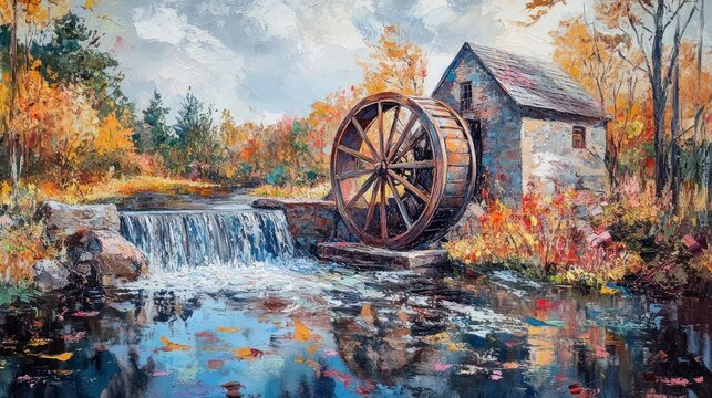 A picturesque landscape with a rustic watermill surrounded by autumn foliage, a cascading waterfall, and a tranquil stream.