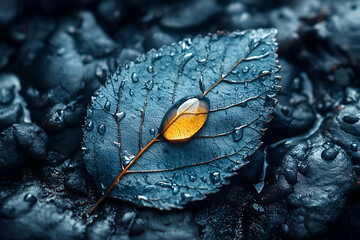 A close-up image of a dark leaf adorned with a glistening droplet of amber, resting on a textured surface, evoking a sense of tranquility in nature.