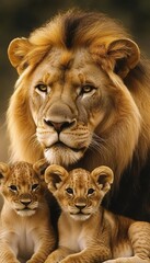 Obraz premium Majestic Lion with Two Cubs, Wildlife Portrait, Close-up View of Powerful Cat, African Animals