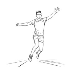 Runner reaches finish line holding his arms up. Continuous one line, isolated white background