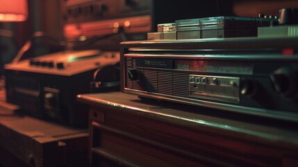 Closeup of a vintage radio receiver with dials, buttons, and an analog meter