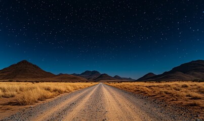 Deserted Desert Road at Night Lit by Car Headlights Long Exposure, Illuminated Pathway through Serene Landscape with Mountains under Starry Sky, Generative AI