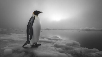 Fototapeta premium A lone emperor penguin stands on a snowy ice floe with the sun rising in the background, a dramatic silhouette against the misty sky.