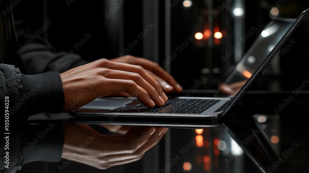 Poster close-up of hands using laptop in dark setting