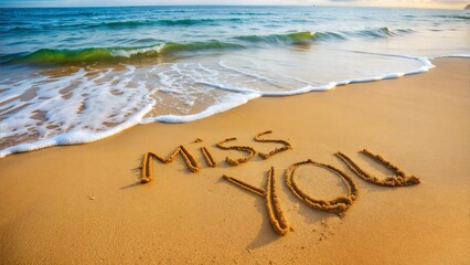 "Miss You" Written in Sand on Beach with Ocean Waves