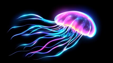 Glowing Neon Jellyfish on Black Background. Luminescent Aquatic Creature with Colorful Tentacles