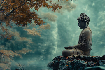 Obraz premium A serene depiction of Buddha in traditional robes, symbolizing peace and mindfulness, ideal for meditation and contemplation scenes