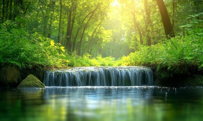 Serene Forest River with Small Waterfall in Morning Light, Peaceful Natural Setting, Lush Greenery, Tranquil Stream, Nature Concept for Relaxation and, Generative AI