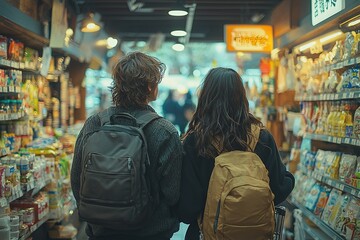 A happy couple smiling as they push a shopping cart filled with fresh produce and groceries down the store aisle