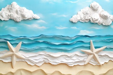 Obraz premium Starfish on a sandy beach, cloudy sky