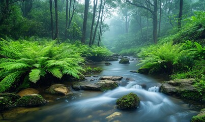 Obraz premium Serene River Flowing Through Misty Forest with Lush Green Foliage and Rocky Banks in Tranquil Natural Landscape, Ideal for Nature Lovers and Tranquility, Generative AI