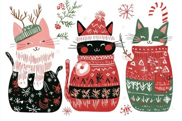 Charming christmas cats in festive sweaters a playful holiday card design featuring adorable felines ready to celebrate the season , Generative Ai