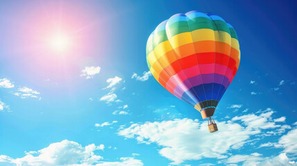 Obraz premium Colorful Hot Air Balloon Soaring in a Clear Blue Sky with Bright Sunlight and Fluffy Clouds on a Beautiful Day