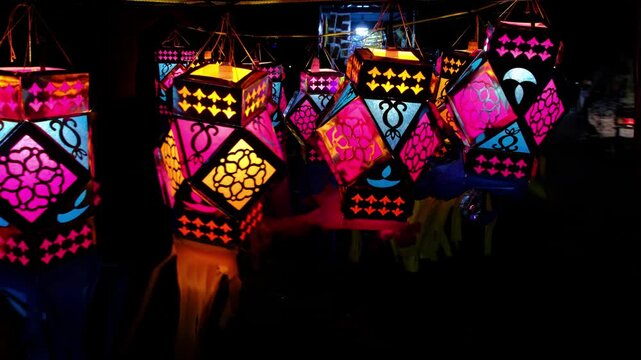 Series of colourful aakash kandil lights displayed in Pune city area, during Diwali Festival.
