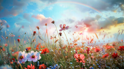 Obraz premium Vibrant Wildflower Meadow Under a Rainbow Sky with Colorful Clouds and Sunlight