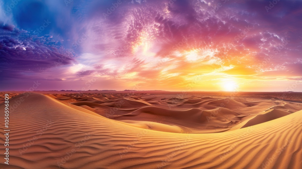 Poster a sweeping view of the vast sahara desert with endless golden sand dunes and a dramatic sunset sky, 