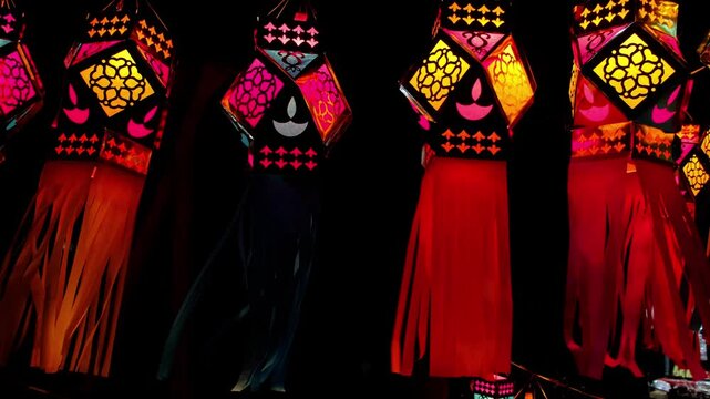 Series of colourful aakash kandil lights displayed in Pune city area, during Diwali Festival.