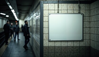 Blank billboard mockup in subway station, copy space for advertisement, urban environment, commuters