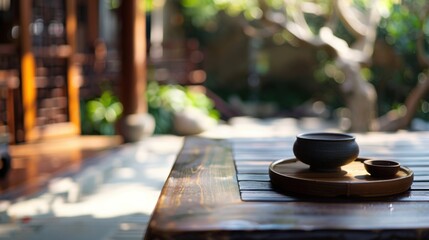 Obraz premium A traditional Chinese tea ceremony in an elegant teahouse garden, Cultural setting with tea ritual tradition, Traditional style