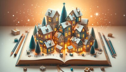 Obraz premium Christmas card : story book with Santa Claus, Christmas trees, snowman, reindeers, bells, stockings, ornaments, snowflakes, snowy village, gifts,