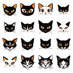 Obraz premium Black and White Cat Faces with Orange Eyes Vector Collection – Cartoon Cat Heads on White Background