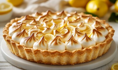 Close-Up of Lemon Meringue Pie with Golden Crust and Zesty Lemon Filling on White Background - Perfect Dessert Image for Food Lovers and Bakers, Generative AI
