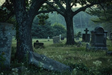 A cemetery scene with many tombstones and surrounding trees, suitable for use in historical or nostalgic contexts