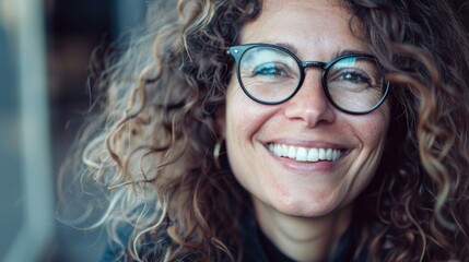 Obraz premium A close-up shot of a happy woman wearing glasses, smiling for the camera