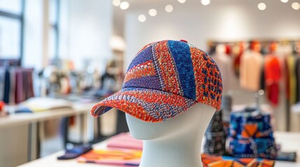 A creative cap mockup is displayed among textiles, illustrating the design process in the studio