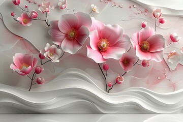Elegant 3D mural design, white & blue color scheme, golden jewelry, floral elements, black decorative wallpaper.