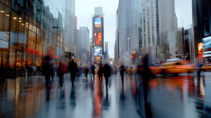 Fototapeta premium The City Never Sleeps: A mesmerizing motion blur captures the relentless energy of New York City, as pedestrians and traffic flow through Times Square in a dynamic urban landscape. 