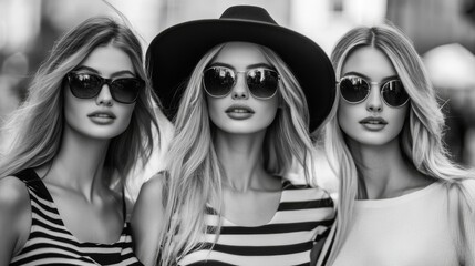 Stylish Trio in Monochrome: Three stunning blonde models, each exuding confidence, pose in stylish sunglasses and summer attire.