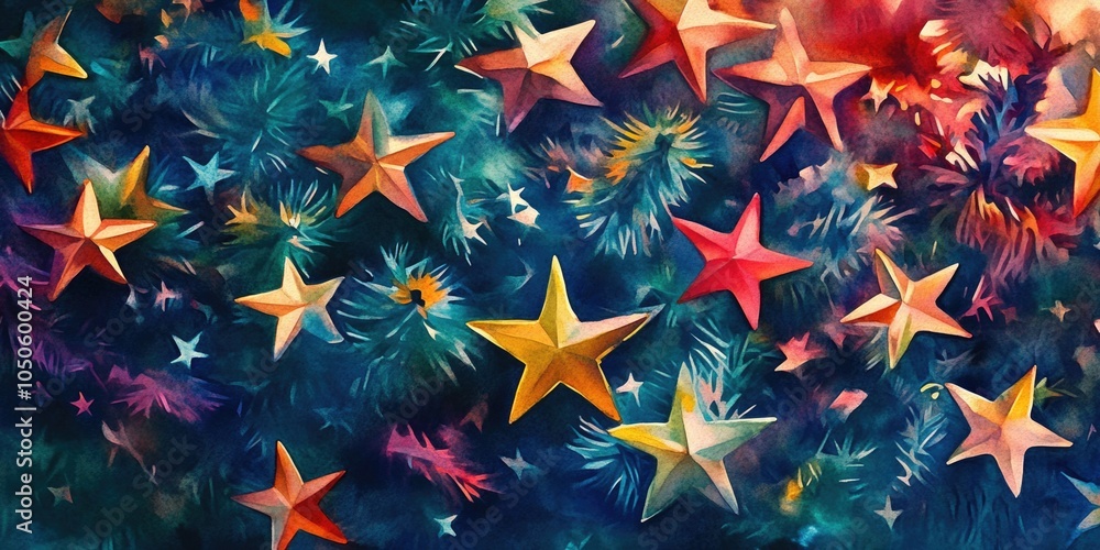 Poster a stack of intricately folded paper stars in various colors and shapes