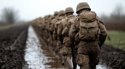 Fototapeta premium soldiers lined up in mud, ready for action. 
