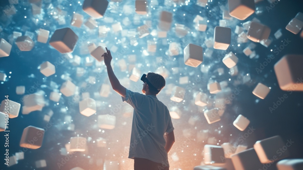 Aufkleber a person wearing a vr headset interacts with floating cubes in a digital environment.
