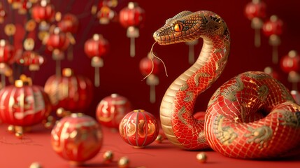 Fototapeta premium gold snake with red accents, symbolizing Chinese New Year 2025 . ai generated