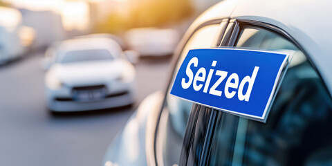 Seized car with blue sticker parked on street, creating sense of chaos