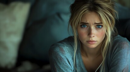 Naklejka premium Captivating portrait of a young woman with striking blue eyes in a soft atmosphere