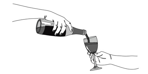 Vector illustration of a hand pouring wine or champagne from a bottle into a wine glass, with droplets and spill details. The image is in grayscale, with simple, clean lines and a minimalist style.