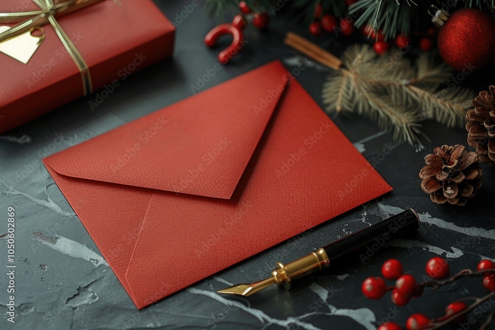 Poster a red envelope sitting on a table with a simple background
